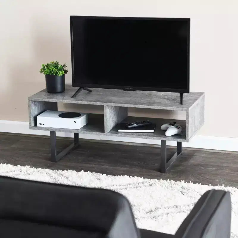 Tavolino Porta TV con Scomparti Rettangolari Rustico Cemento Ardesia e Metallo Nero