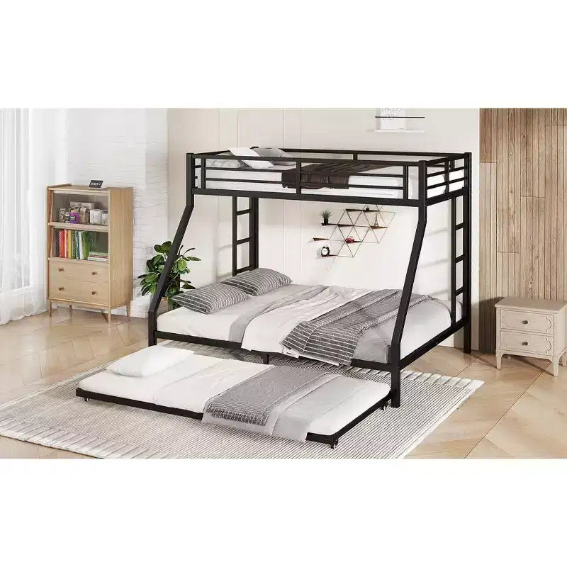 Letto a castello in metallo XL sopra una piazza e mezza con letto estraibile, struttura a tre letti per impieghi gravosi, scalette e spondine, silenzioso, nero