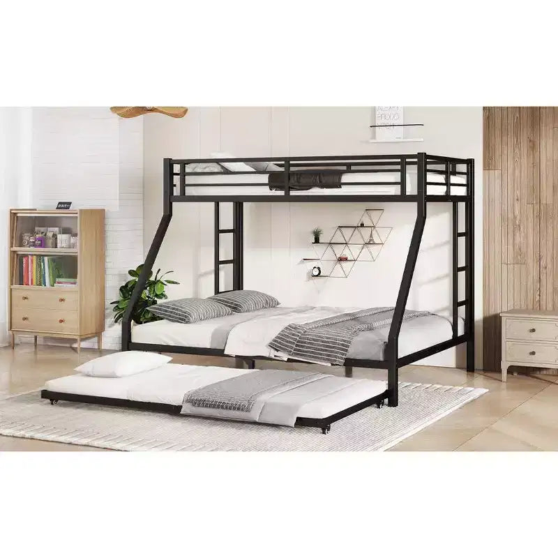 Letto a castello in metallo XL sopra una piazza e mezza con letto estraibile, struttura a tre letti per impieghi gravosi, scalette e spondine, silenzioso, nero