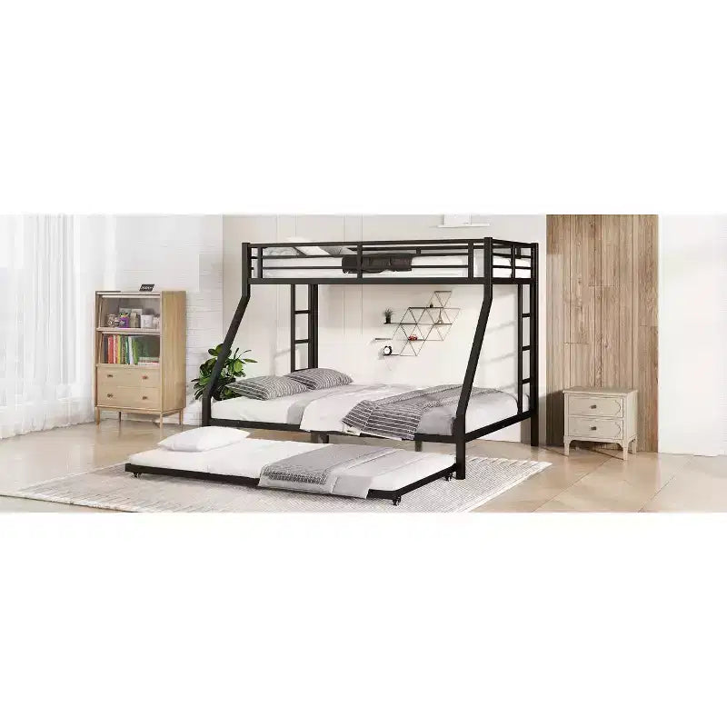 Letto a castello in metallo XL sopra una piazza e mezza con letto estraibile, struttura a tre letti per impieghi gravosi, scalette e spondine, silenzioso, nero