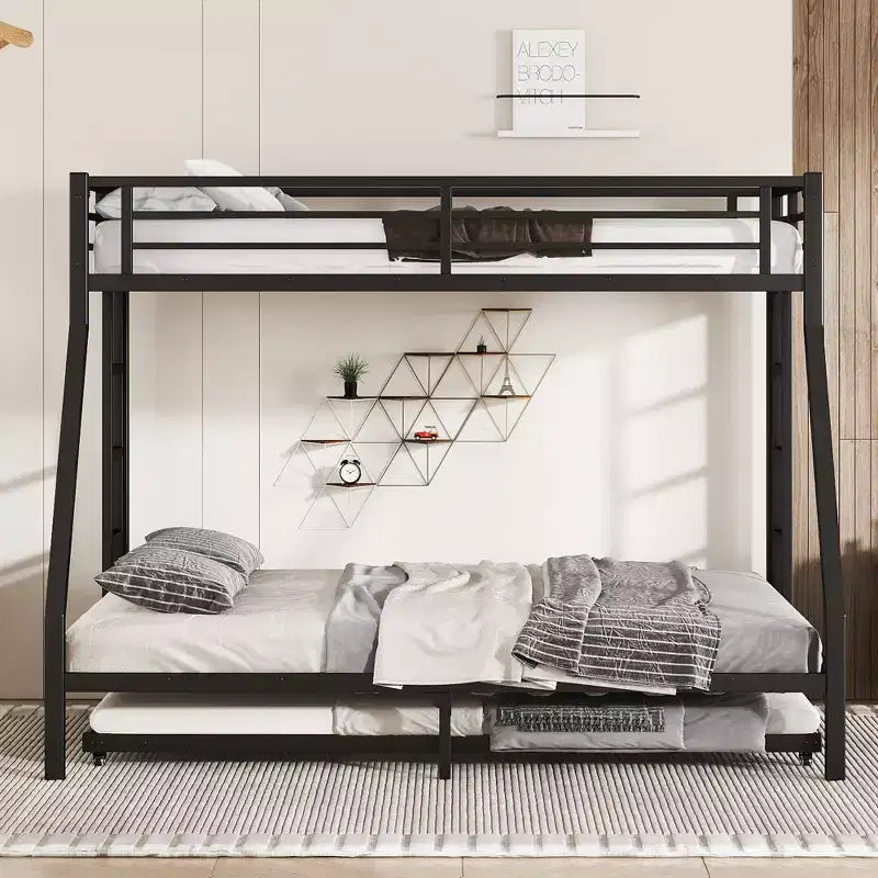 Letto a castello in metallo XL sopra una piazza e mezza con letto estraibile, struttura a tre letti per impieghi gravosi, scalette e spondine, silenzioso, nero