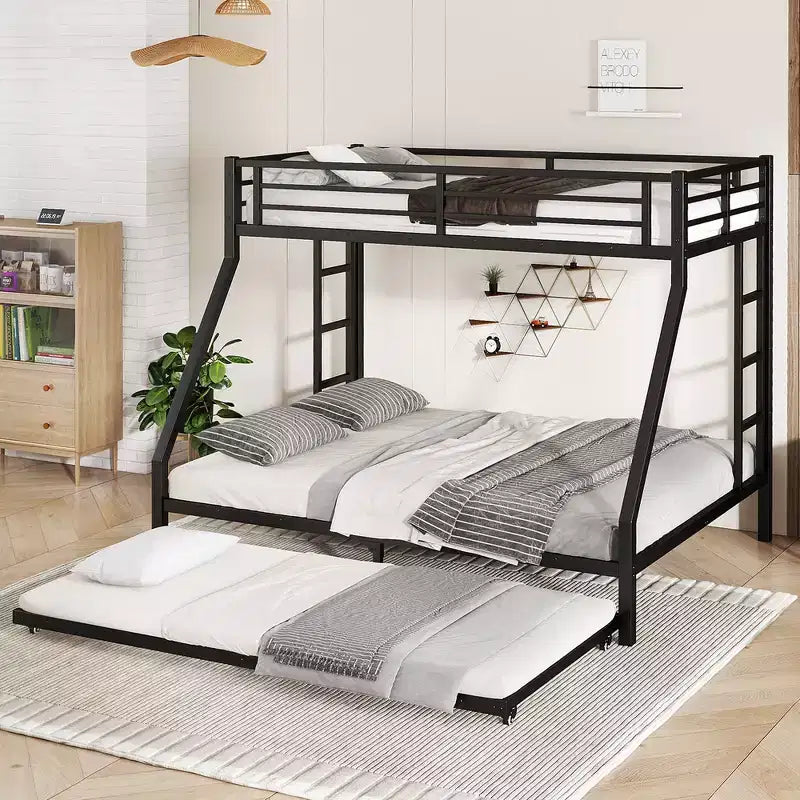Letto a castello in metallo XL sopra una piazza e mezza con letto estraibile, struttura a tre letti per impieghi gravosi, scalette e spondine, silenzioso, nero