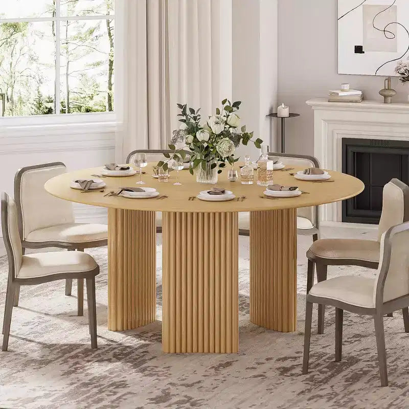 Tavolo da pranzo rotondo moderno da 60 pollici con gambe a colonna a strisce, tavolo da cucina in legno massello