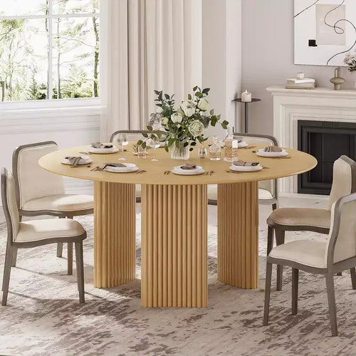 Tavolo da pranzo rotondo moderno da 60 pollici con gambe a colonna a strisce, tavolo da cucina in legno massello