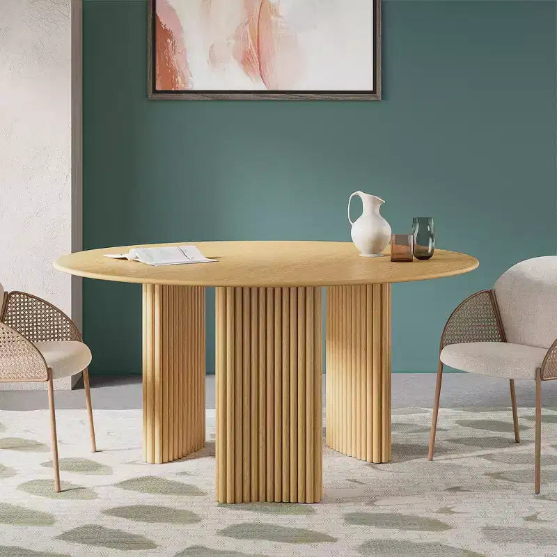 Tavolo da pranzo rotondo moderno da 60 pollici con gambe a colonna a strisce, tavolo da cucina in legno massello