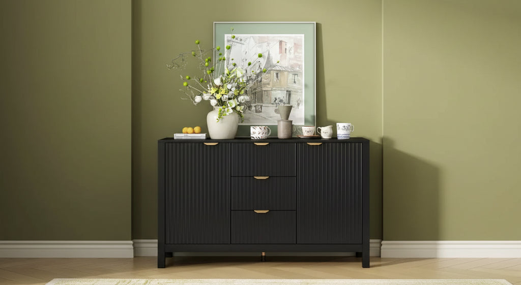 Credenza con motivo a onde - 3 ripiani regolabili, 3 cassetti e ante con chiusura ammortizzata, mobile consolle contenitore con maniglie in metallo